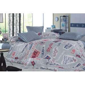   Twill Cotton Bedding Set, Cool Grey With Printing Of Letters Home