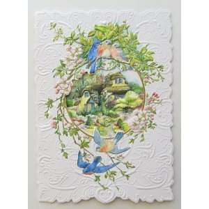  Happy Birthday Greeting Card, Bluebirds and Cottage 