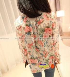 Women Fashion Vintage Sweet Rose Flower Chiffon Blouse Shirt Top New 