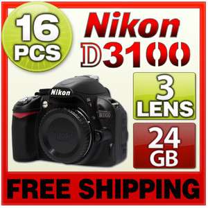 Nikon D3100 SLR Camera Body & 3 Lens 24GB 16PC New 689466369014  