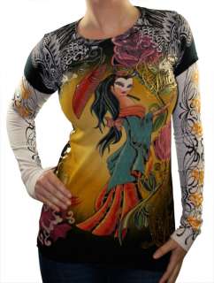   AUDIGIER Ed Hardy Geisha Double Sleeve Tattoo Womens Shirt  