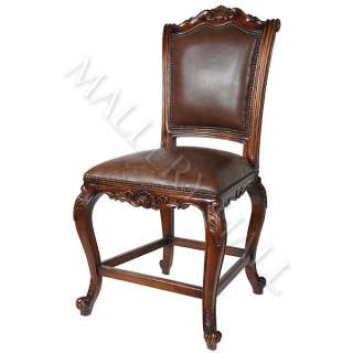 Mahogany Leather Counter Stool Carved Nailhead Trim  