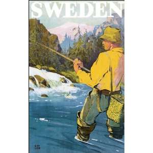  SWEDEN FISHING SPORT TOURISM SMALL VINTAGE POSTER CANVAS 