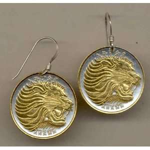   Gorgeous 2 Toned Gold on Silver Ethiopia Lion Coin Earrings Jewelry