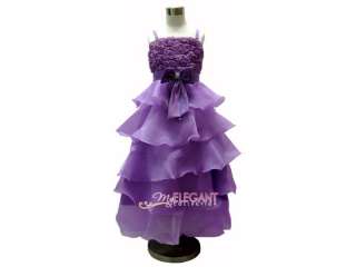 Long Purple Rosette Pageant Wedding Flower Girls Dress Gown Size 3,4,6 