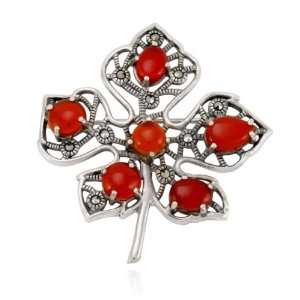  Sterling Silver Marcasite and Carnelian Leaf Pin Jewelry