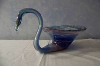 Swan art slag glass blue purple swirl figure figurine dish bowl EUC 