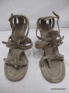 NWOB Sigerson Morrison Taupe Suede Silver Stud T Strap Wood Heels 8 B