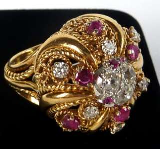   GOLD VICTORIAN ETRUSCAN 2.50ct OLD MINE DIAMOND+RUBY DOME RING  