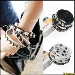 Punk Rock Multi Layers Circles Stud Chain Leather Wristband Bracelet 