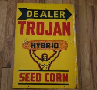   60s TROJAN HYBRID Seed Corn Advertising 2 Sided Flange Sign  