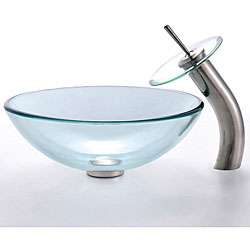   Clear Glass Vessel Sink/ Satin Nickel Finish Waterfall Bathroom Faucet