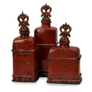  Set of 3 Rustic Italianate Scarlet Garnet Red Ceramic 