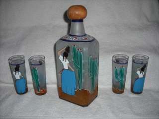 MEXICAN DECANTER AND SHOT GLASS SET HANDBLOWN & PAINTED  
