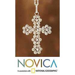   Silver Filigree Flowers Cross Necklace (Peru)  