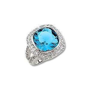   Square Cut Blue Colored CZ Ring with Clear CZ Pave Border Jewelry