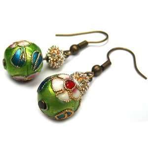  Lime Green Cloisonne Earrings with Faux Diamonds   1.4 