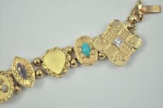 Vintage 10K Yellow Gold Charm Bracelet Diamond, Aquamarine, Amethyst 