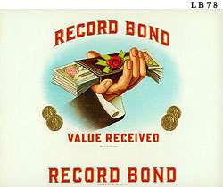 Vintage Original 1910   1920 Record Bond Cigar Box Label Tobacco 7 x 8 