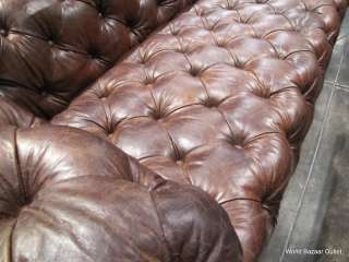 98 long Vintage cigar brown leather Tufted 3 Seater Sofa spectacular 
