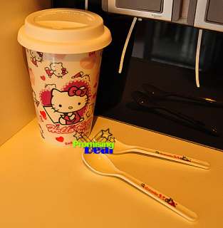 Hello Kitty Ceramic Mug Tea Cup Coffee Cup w/ Lid Cover Spoon and Grip 