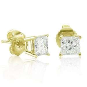 Mens 14k Yellow Gold Princess Cut Diamond Stud Earrings (GH, SI3, 0 