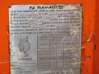RAYMOND 20 R40TT ELECTRIC REACH FORKLIFT 4000#, NO BATTERY  