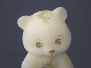 Fenton White Satin Glass Bear HP Rose Bouquet Teddy  