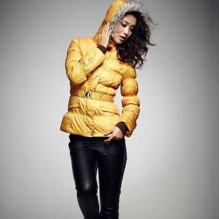Fashion womens ladies puffers Faux Fur Hood Belt Down Jacket winter 