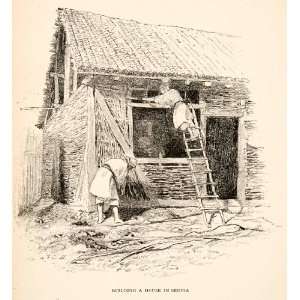  1893 Wood Engraving Building House Serbia Peasant Worker 