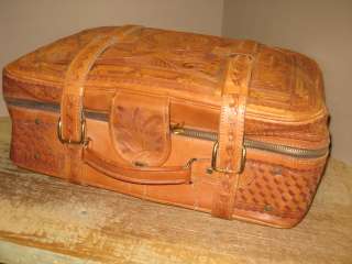   Tooled Leather Travel bag carry On Suitcase Aztec Pattern  