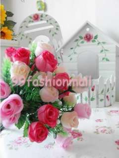   Artificial Rose Flower 15 Buds Wedding Bouquet Home Decor Pink  