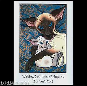   SIAMESE CAT AND KITTEN PAINTING MOTHERS DAY CARD BY SUZANNE LE GOOD