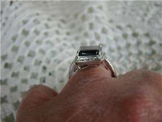   /925 Emerald Cut Blue Sapphire Solitaire Diamond Accents Ring, Size 7