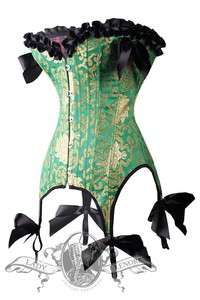   Holiday Green & Gold Burlesque Corset with Garters and G string  