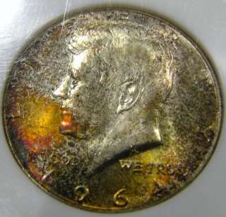 1964 KENNEDY 50c NGC MS65 COLORFUL END ROLL TONING EOR  