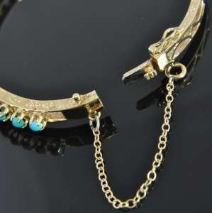   14K Yellow Gold Diamond & Turquoise Edwardian Hinged Bangle Bracelet
