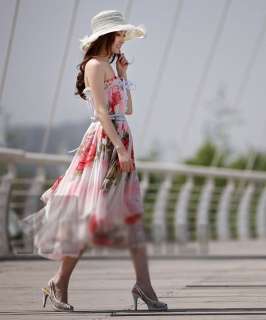 Bohemia Lady Floral Print Strapless Wide Hem Chiffon Maxi Dress Long 