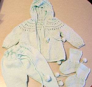 Vintage Hand Made Knitted Blue Baby Outfit   4 Piece Jacket Booties 