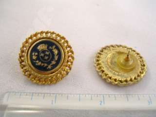 Vintage Earrings Goldtone Large Round Black Enamel Crest Design 