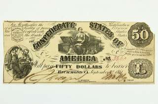 1861 Fifty Dollar $50 Bill Confederate States Obsolete Currency Note 