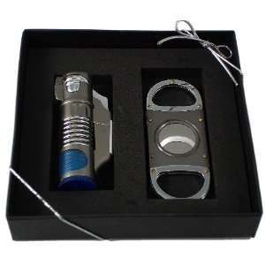   Triple Torch Blue Glow Lighter & Matching Square Cigar Cutter Gift Set