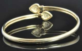   14K Gold Pave Diamond Double Heart Bypass Bangle Cuff Bracelet 6.75