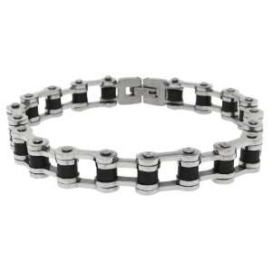   Steel and Black Rubber Cool Industrial Bike Chain Style Link Bracelet