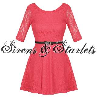   CORAL LACE BELTED PLEATED SKATER VTG 70S 80S MINI PARTY DRESS  