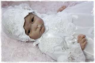 Reborn Baby White French Roses Beaded Lace Gown Dress Bonnet 