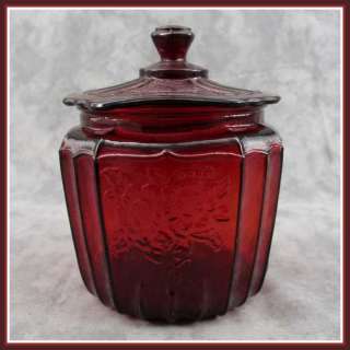 RUBY RED GLASS COOKIE BISCUIT JAR CANISTER Open Rose Mayfair Floral 