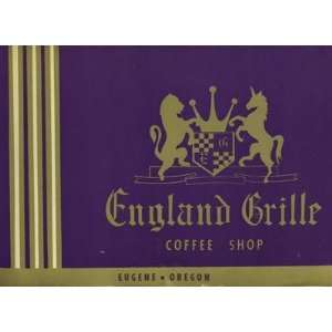   England Grille Coffee Shop Menu Eugene Oregon 1960s 