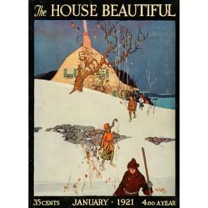 1921 Cover House Beautiful Winter Scene Snow Shoeing 