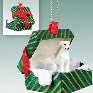  White Whippet in a Green Box Ornament